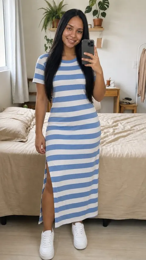 Vestido longo listrado com fenda - foto 3